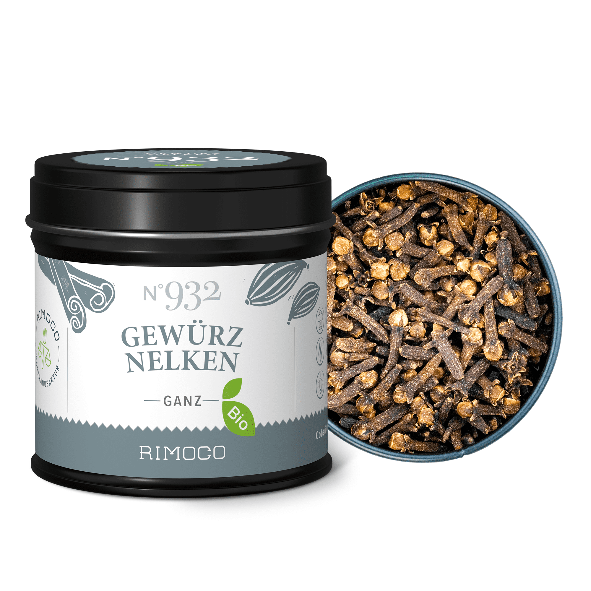 Especiano Clavo de olor ecológico entero en lata especiera N°932, junto a clavos enteros